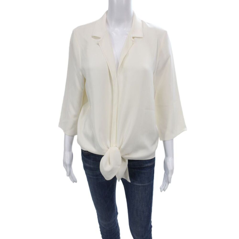Peter Cohen Womens Silk Collared Tie Blouse 3/4 Sleeve Beige Size L